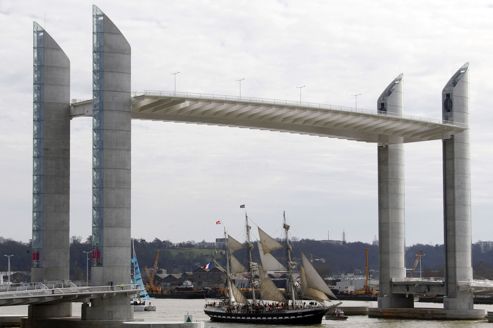 A sailing ship sails during a parade for the inauguration of new bridge Pont Jacques Chaban Delmas in Bordeaux